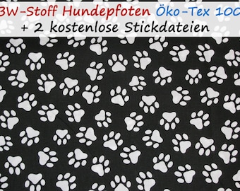 Stoff HUNDEPFOTEN Öko-Tex  Pfoten Pfote Hund Hunden RESTSTÜCK 40cm lang x 140cm breit Katzen Tatze Katze schwarz weiß