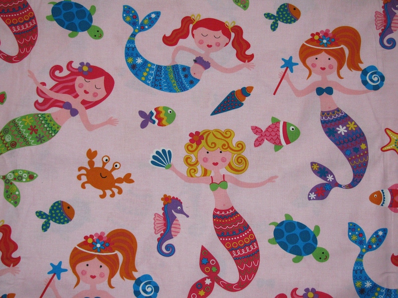 Meerjungfrauen Baumwollstoff 40x150cm Stoff Kinder Nixe Kinderstoff Meerestiere Unterwasser Fische Krabben Schildkröte Mermaid Bild 1