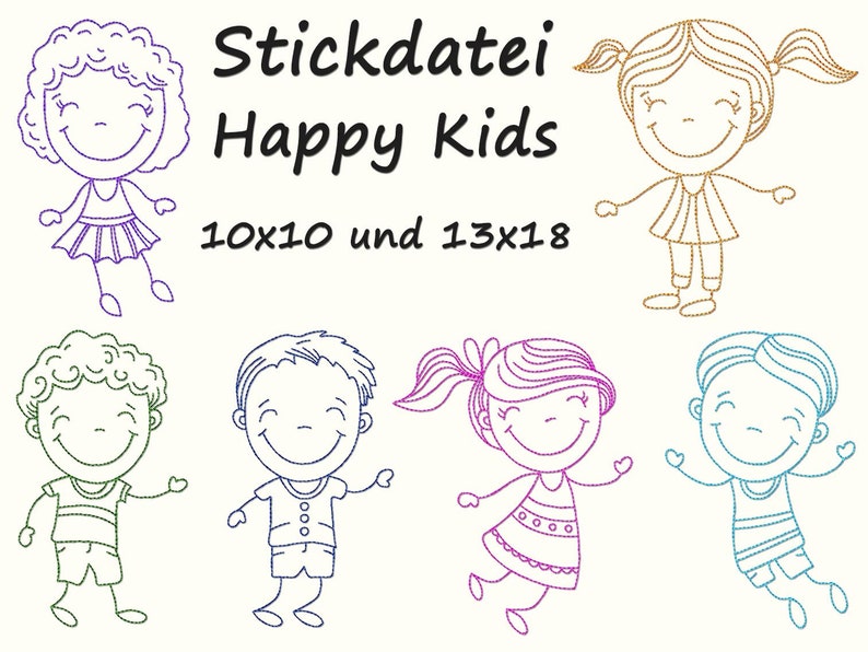 Stickdatei HAPPY KIDS fröhliche Kinder Doodles Bild 1