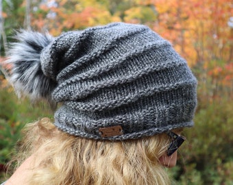 Slouchy Textured Knit Hat with Faux Fur Pom Pom