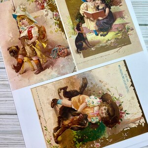 Pu&ograve; includere: Tre carte da collezione vintage raffiguranti bambini e cani. Le carte sono stampate su carta spessa con sfondo dorato e riportano il testo "Drink McLaughlin's XXXX Coffee".