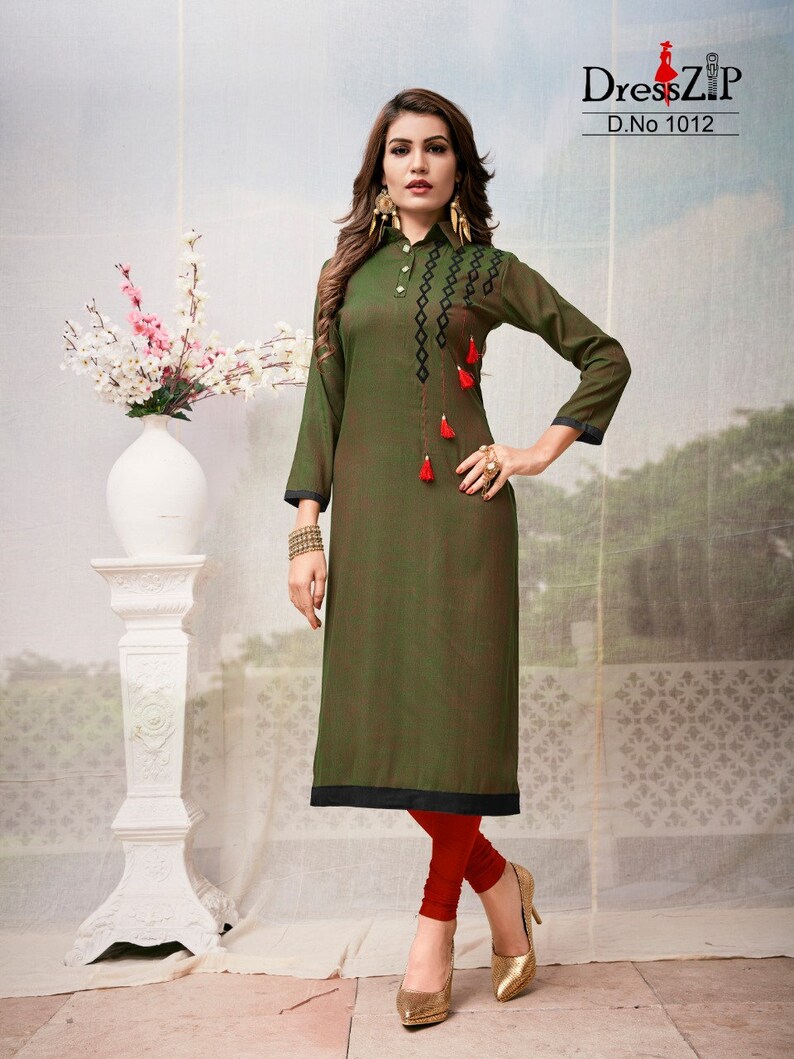 Best Embroidery Indian Style Cotton Casual Office Wear Blue Kurti Kurta 1