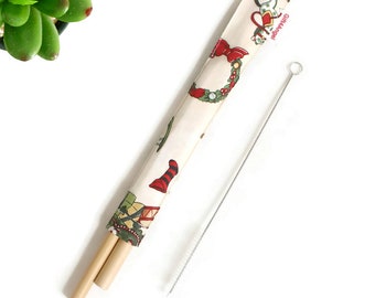 2 sets x Straw case Christmas with drinking bamboo straws and cleaning brush, reusable straw, straw case, wedding favors, party favors