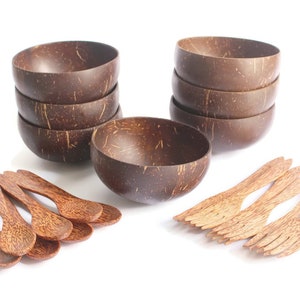 Coconut Bowl with spoon and fork BULK, Personalized Coconut shell bowl and spoon fork set, Eco friendly Gift, Healthy Vegan Natural Bowl