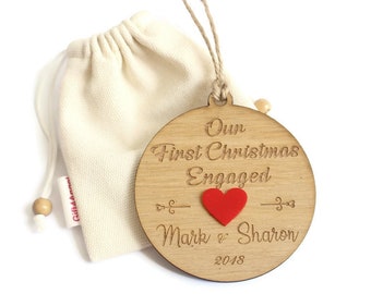 Personalized First Christmas ornament Engaged with pouch, custom Christmas ornaments, Engagement ornament, engagement gift, engaged ornament