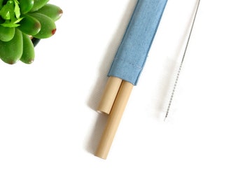 2 sets x Straw case Denim with bamboo straws and cleaning brush, reusable straw, straw case, eco friendly, wedding favors, party favors