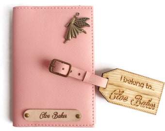 Passport holder and luggage tag personalized women, luggage tags and passport holders sets, pink passport cover personalized, gift for her