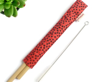 2 sets x Straw case Red Dot with drinking bamboo straws and cleaning brush, reusable straw, straw case, wedding favors, party favors