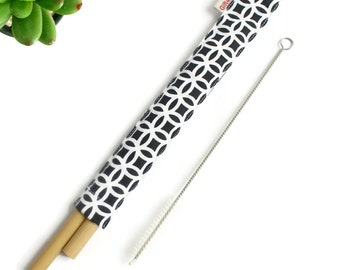 2 sets x Straw case Black and White with drinking bamboo straws and cleaning brush, reusable straw, straw case, wedding favors, party favors