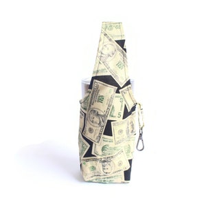 Dollar notes foldable tumbler bag, water bottle carrier, eco friendly coffee cup carrier, coffee cup holder, tumbler carrier, boba tea bag