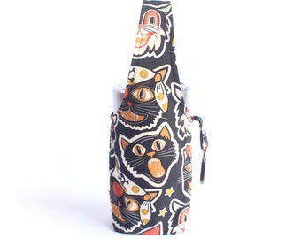 Halloween cat foldable tumbler bag, water bottle carrier, eco friendly coffee cup holder, bubble tea cup holder, tumbler carrier, cup holder