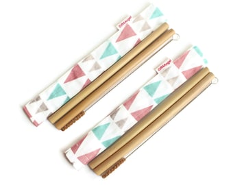 2 sets x Straw case Triangles with bamboo straws and cleaning brush, reusable straw sleeve, eco friendly straws, zero waste utensil set