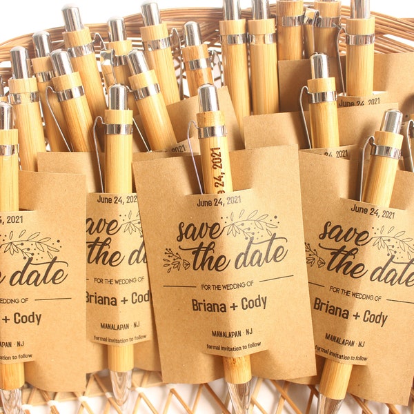Personalized Engraved Bamboo ballpoint pens with cards, save the date, Eco friendly gifts, wedding gifts for guests, promotional gifts