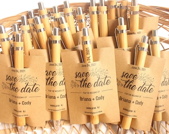 Personalized Engraved Bamboo ballpoint pens with cards, save the date, Eco friendly gifts, wedding gifts for guests, promotional gifts