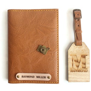 Passport holder and luggage tag personalized men, luggage tags and passport holders sets, brown passport case and luggage tag, gift for him