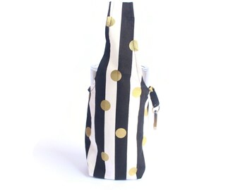 Black and white foldable tumbler bag, water bottle carrier, eco friendly coffee cup holder, bubble tea cup holder, tumbler cup carrier