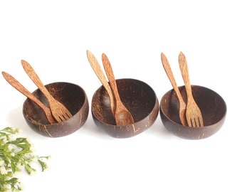 3 sets x Coconut Bowl with spoon and fork, Personalized Coconut shell bowl and spoon fork set, Eco friendly Vegan Bowl, personalized gift