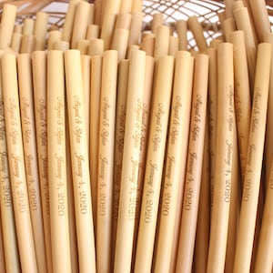 Bamboo Straws - 70 Plain or Custom Engraved Bamboo Straws 8&quot; for party, wedding favors for guests in bulk, Eco friendly gifts bamboo straw