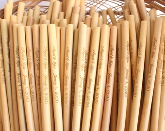 Bamboo Straws - 70 Plain or Custom Engraved Bamboo Straws 8" for party, wedding favors for guests in bulk, Eco friendly gifts bamboo straw