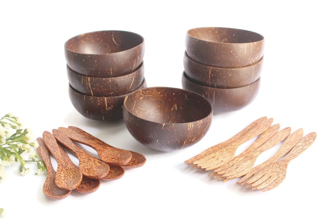 Coconut Bowl With Spoon and Fork BULK, Personalized Coconut Shell Bowl