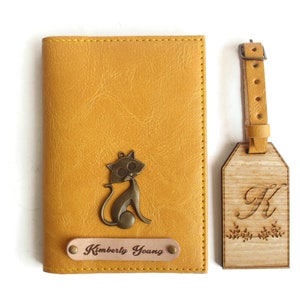 Reisepass-Abdeckung und Gepäckanhänger-Set, Gepäckanhänger und Pass-Inhaber-Sets, Senf gelb Reisepass Brieftasche und Gepäckanhänger, Katze-Liebhaber-Geschenk