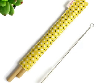 2 sets x Straw case Yellow Dot with drinking bamboo straws and cleaning brush, reusable straw, straw case, wedding favors, party favors