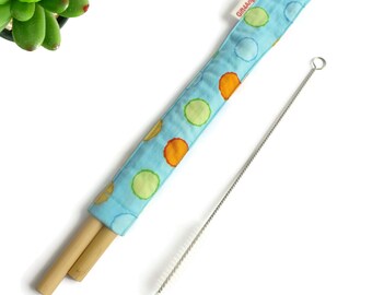 2 sets x Straw case Blue Dot with drinking bamboo straws and cleaning brush, reusable straw, straw case, wedding favors, party favors