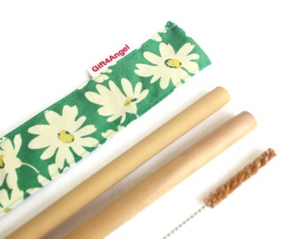 2 sets x DAISY Straw sleeve with bamboo straws, cleaning brush, reusable straw carrying case, travel straw case, wooden straws, zero waste