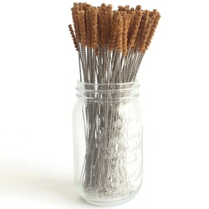 May include: A glass jar filled with a bundle of brown and silver cleaning brushes. The brushes are made of a soft, bristled material and are designed for cleaning narrow spaces.