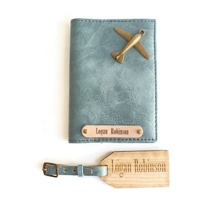 Passport cover and luggage tag set, luggage tags and passport holders sets, slate blue passport case and luggage tag for men, gift for him