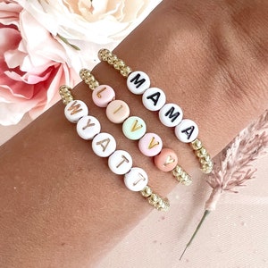 Mama bracelet gold stack kid name bead bracelet new mom custom gift gold name stack bracelet gold bead bracelet women personalized jewelry