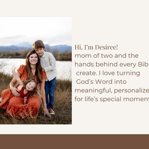 May include: A family portrait featuring a woman and two children. The woman is wearing a rust-colored dress, and the children are in a white shirt and blue jeans, and a red dress. Text on the right says, "Hi, I'm Desiree!" and more.