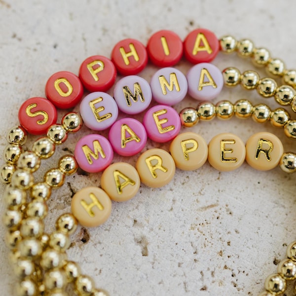 Gold Name Bracelet Stack Accessory Birthday Gift Idea Personalized Jewelry Piece Stretch Custom Design Gemstone Beaded Letter Dainty