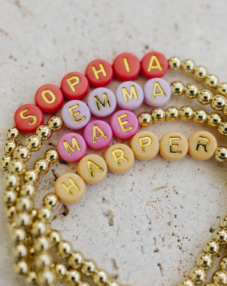 Gold Name Bracelet Personalized Gift Idea Custom Letter Design Birthday Present Special Occasion Jewelry Dainty Minimalist Style Beaded Accessory Stretch Comfort Fit Everyday Wear Stacking Piece Friendship Token Customized Word Option Gold