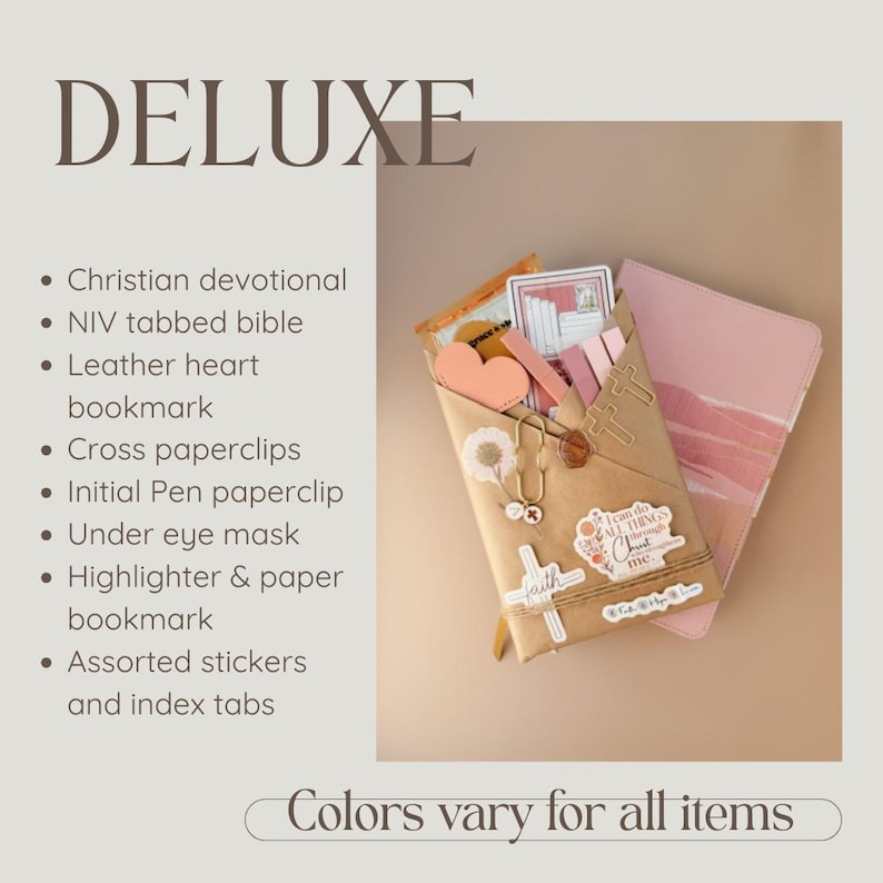May include: A deluxe gift set containing a pink NIV tabbed Bible, a Christian devotional, a leather heart bookmark, cross paperclips, an initial pen paperclip, an under eye mask, a highlighter, paper bookmarks, assorted stickers, and index tabs.