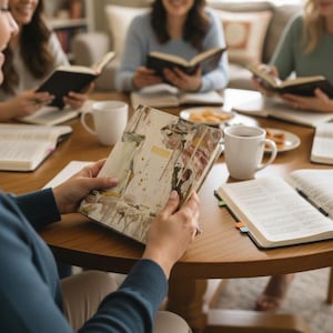 May include: A rectangular book with a cream-colored cover featuring abstract watercolor brushstrokes in shades of brown, gold, and muted pink. The cover has a small, centered rectangular label with text. The book is held by two hands.