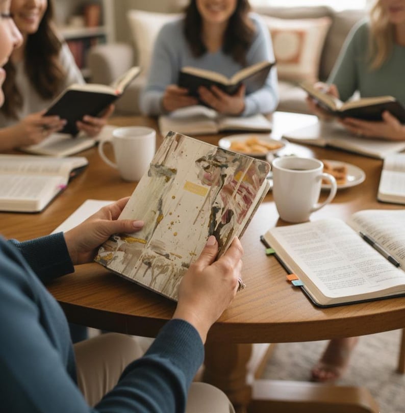 May include: A rectangular book with a cream-colored cover featuring abstract watercolor brushstrokes in shades of brown, gold, and muted pink. The cover has a small, centered rectangular label with text. The book is held by two hands.
