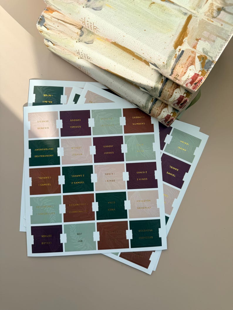 May include: A stack of books with decorative covers rests above a collection of Bible tabs. The tabs are rectangular with gold lettering and feature various book names in shades of green, brown, and pink.