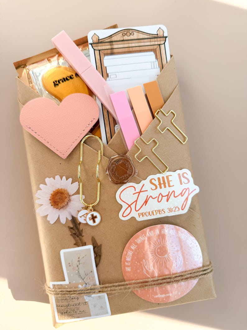 Christian Gift Box Blessing Kit Devotional Surprise Faith Package Prayer Journal Bible Study Set Woman Spiritual Encouragement Heart Charm Religious Present Idea Inspirational Collection Meaningful Gift Thoughtful Package Daily Devotional
