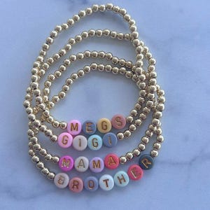 Beaded Gold Bracelet Custom Name Design Personalized Gift Idea Handmade Jewelry Collection Stretch Band Comfort Stacking Bracelet Style Acrylic Letter Details Special Mom Present Birthday Celebration Gift Mother Day Accessory Elegant Wrist