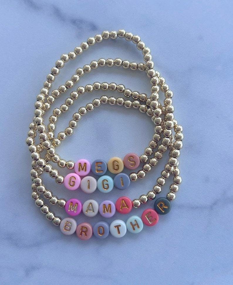 Beaded Gold Bracelet Custom Name Design Personalized Gift Idea Handmade Jewelry Collection Stretch Band Comfort Stacking Bracelet Style Acrylic Letter Details Special Mom Present Birthday Celebration Gift Mother Day Accessory Elegant Wrist