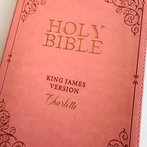 May include: A coral-colored Holy Bible with gold-embossed text reading HOLY BIBLE, KING JAMES VERSION, and the name Charlotte. The cover features a dark red decorative scrollwork border at the corners and edges with visible stitching along the side.