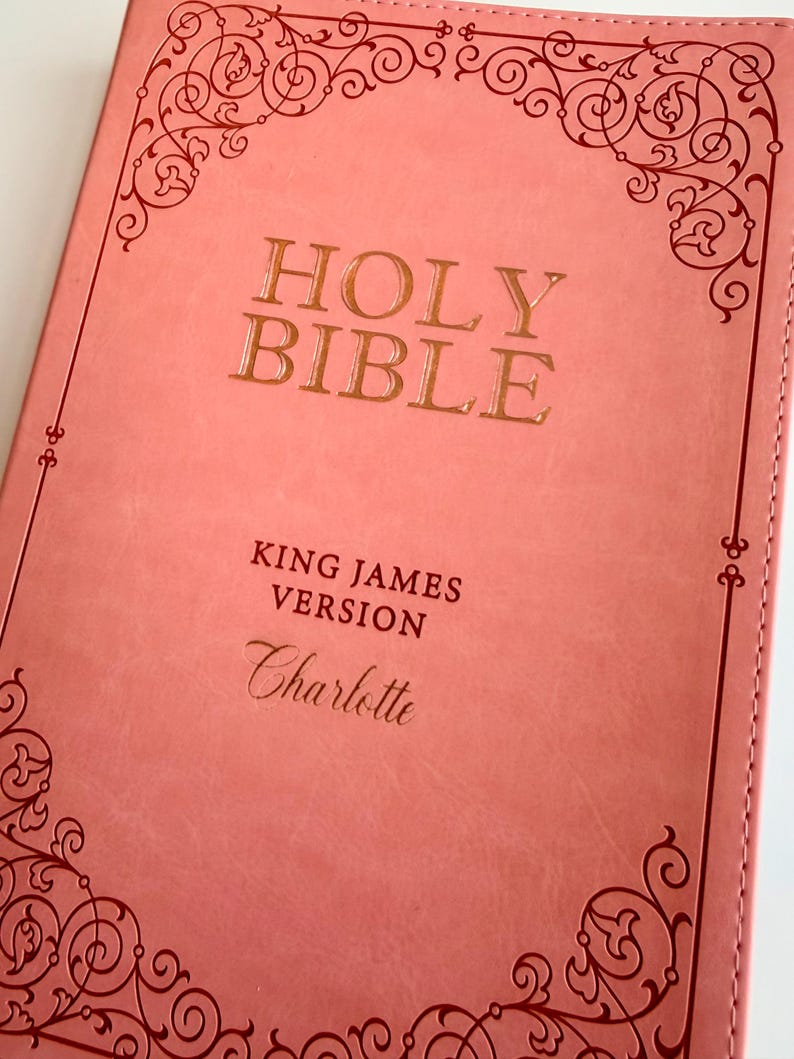 May include: A coral-colored Holy Bible with gold-embossed text reading HOLY BIBLE, KING JAMES VERSION, and the name Charlotte. The cover features a dark red decorative scrollwork border at the corners and edges with visible stitching along the side.