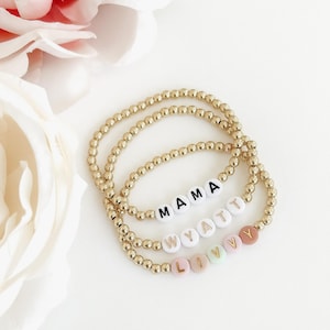 Gold Name Bracelet Personalized Jewelry Handmade Mom Gift Custom Birthday Present Special Occasion Jewelry Gold Plated Beads Acrylic Letter Design Stretch Band Adjustable Size Women Accessory Collection Everyday Wear Elegant Style