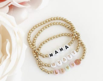 Gold Name Bracelet Personalized Jewelry Handmade Mom Custom Gift Birthday Present Mother Day Special Accessory Beaded Design Stretch Band