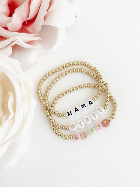 Gold Name Bracelet Personalized Jewelry Handmade Mom Custom Gift Birthday Present Mother Day Special Accessory Beaded Design Stretch Band