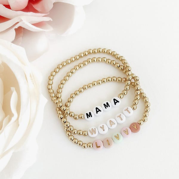 Gold Name Bracelet Personalized Jewelry Handmade Mom Custom Gift Birthday Present Mother Day Special Accessory Beaded Design Stretch Band