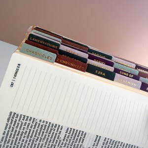 May include: Open Bible with labeled tabs for different books, including Lamentations, Chronicles, and Ezekiel. The tabs are in various colors with gold lettering. The text on the page is visible, with the reference 1 Kings 2:8.