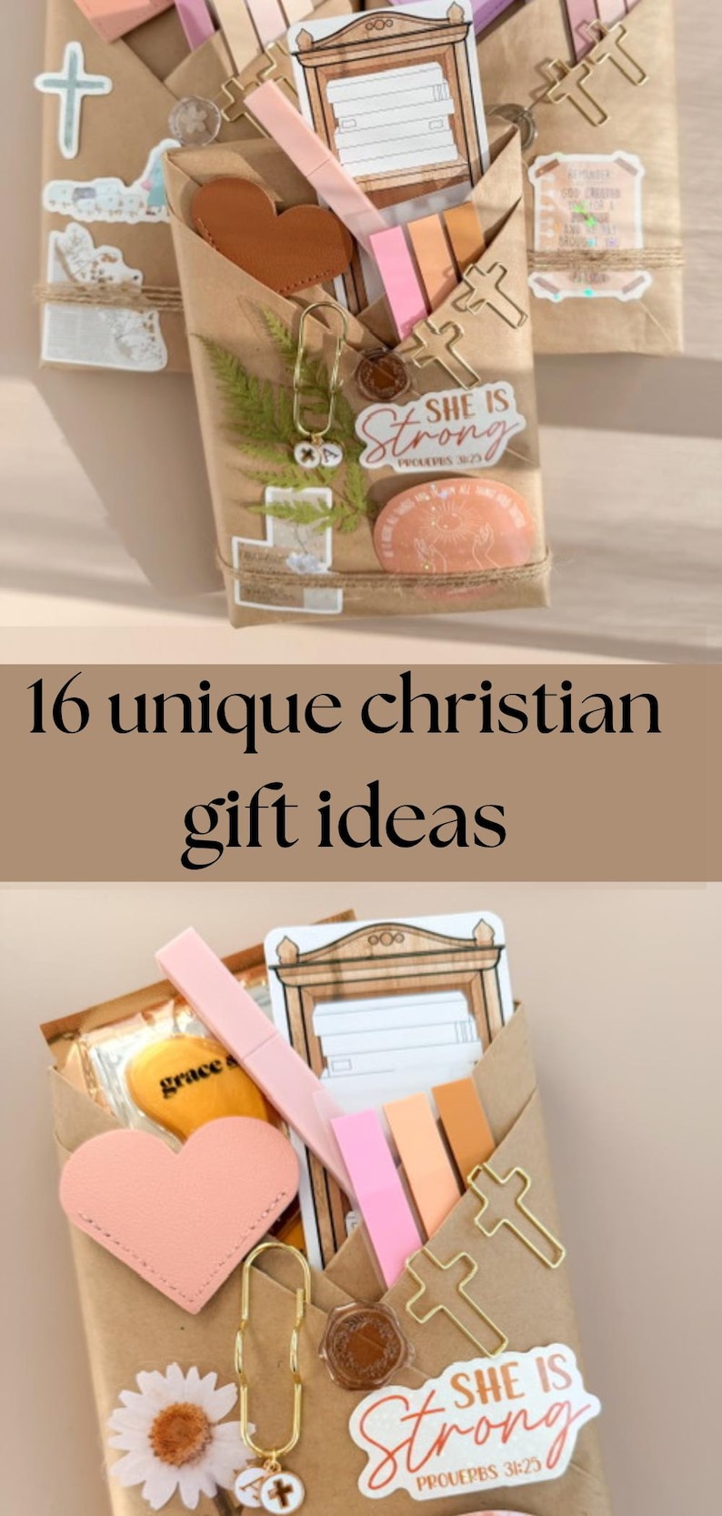 May include: A brown paper gift package containing a pink pen, a heart-shaped tag, cross-shaped paper clips, a daisy sticker, and a sticker with the text "SHE IS Strong PROVERBS 31:25". The package is tied with twine and includes a card with a door illustration.