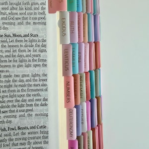 May include: A book with multi-colored adhesive index tabs attached to the page edges. The tabs are arranged in columns and rows, featuring printed text such as Genesis, Exodus, Leviticus, Numbers, Deuteronomy, and Joshua in a sans-serif font.